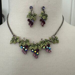 Enamel and Rhinestone Grape Motif Necklace and Earring Set